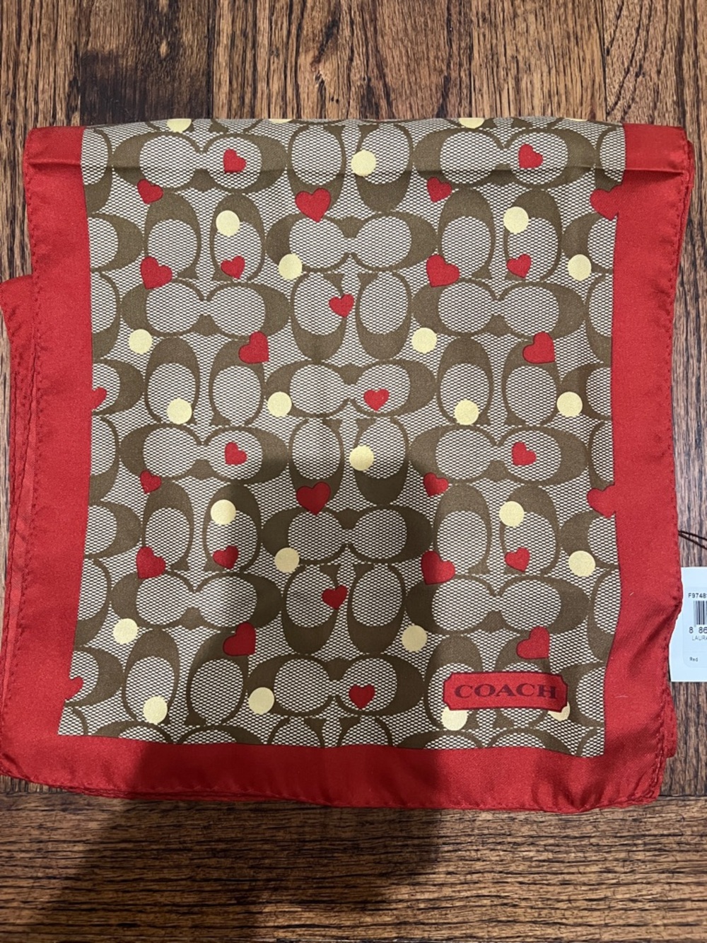 Coach Red-Trim Signature Heart Silk Scarf